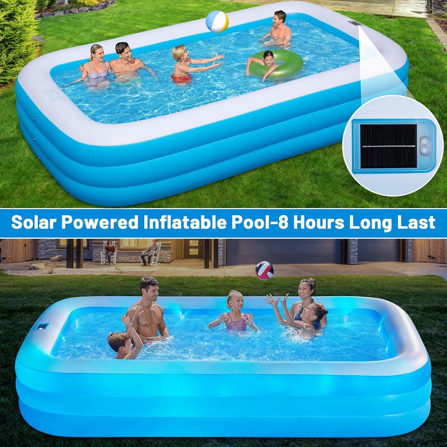 Large Inflatable Pool with Solar Lights & Pump, 130" x 72" x 22"