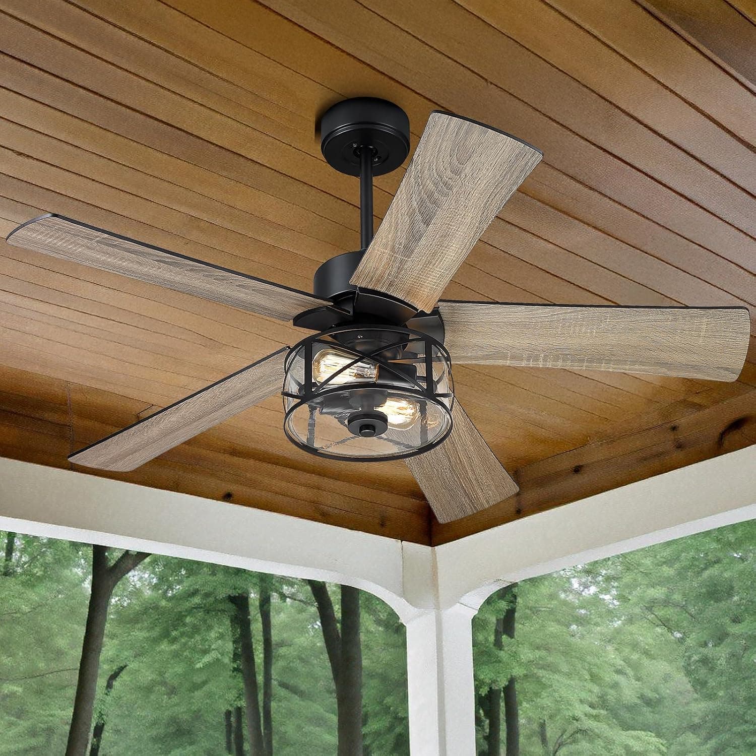 48-Inch Farmhouse Ceiling Fan with Light & Remote, Clear Glass