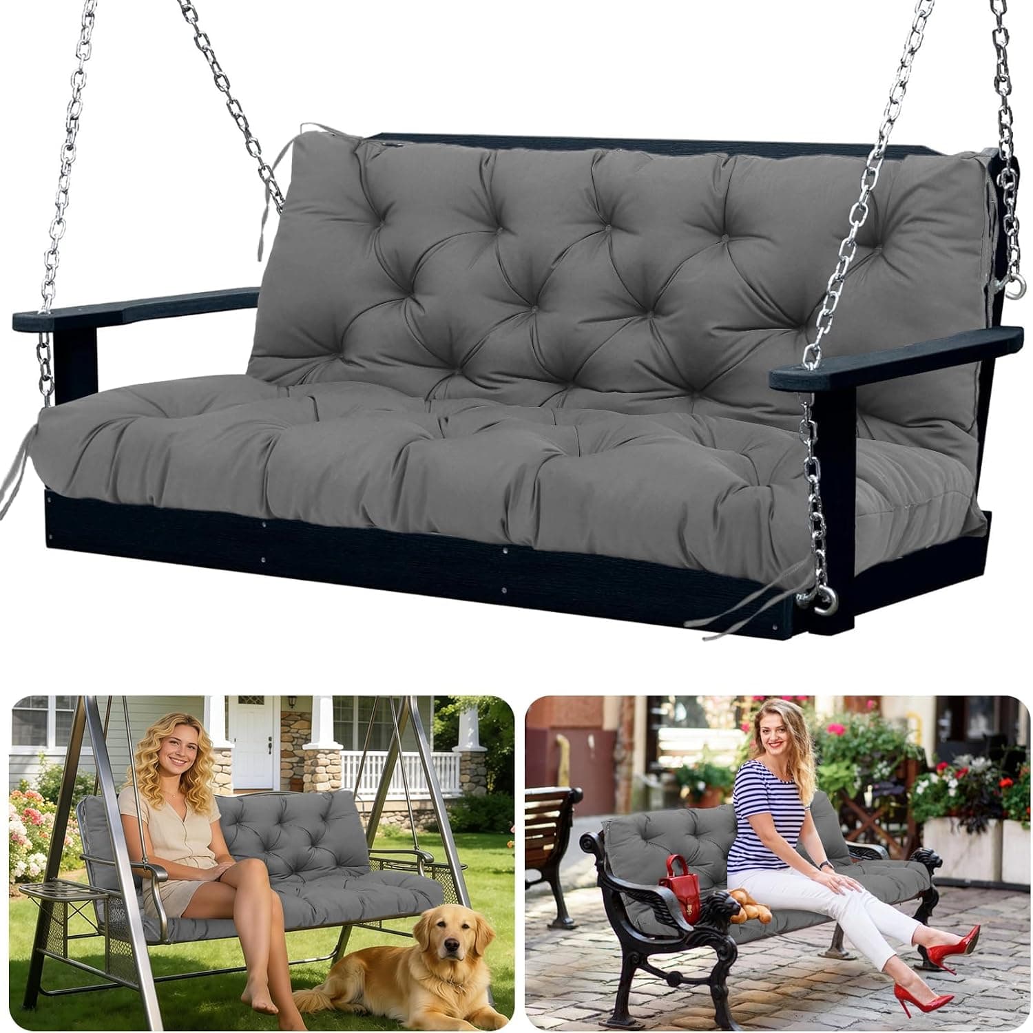 Porch Swing Cushions, 2-Seater, Waterproof, Dark Gray, 40x40x5"