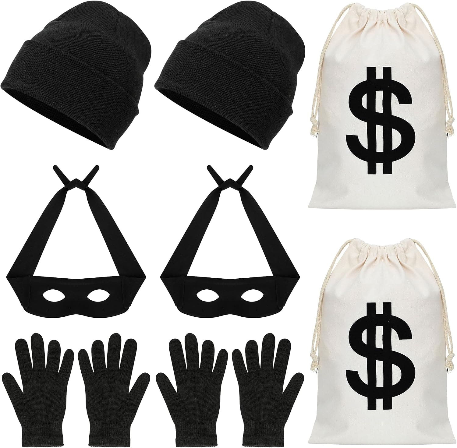 Robber Costume Set: Beanie, Gloves, Eye Masks & Money Bags
