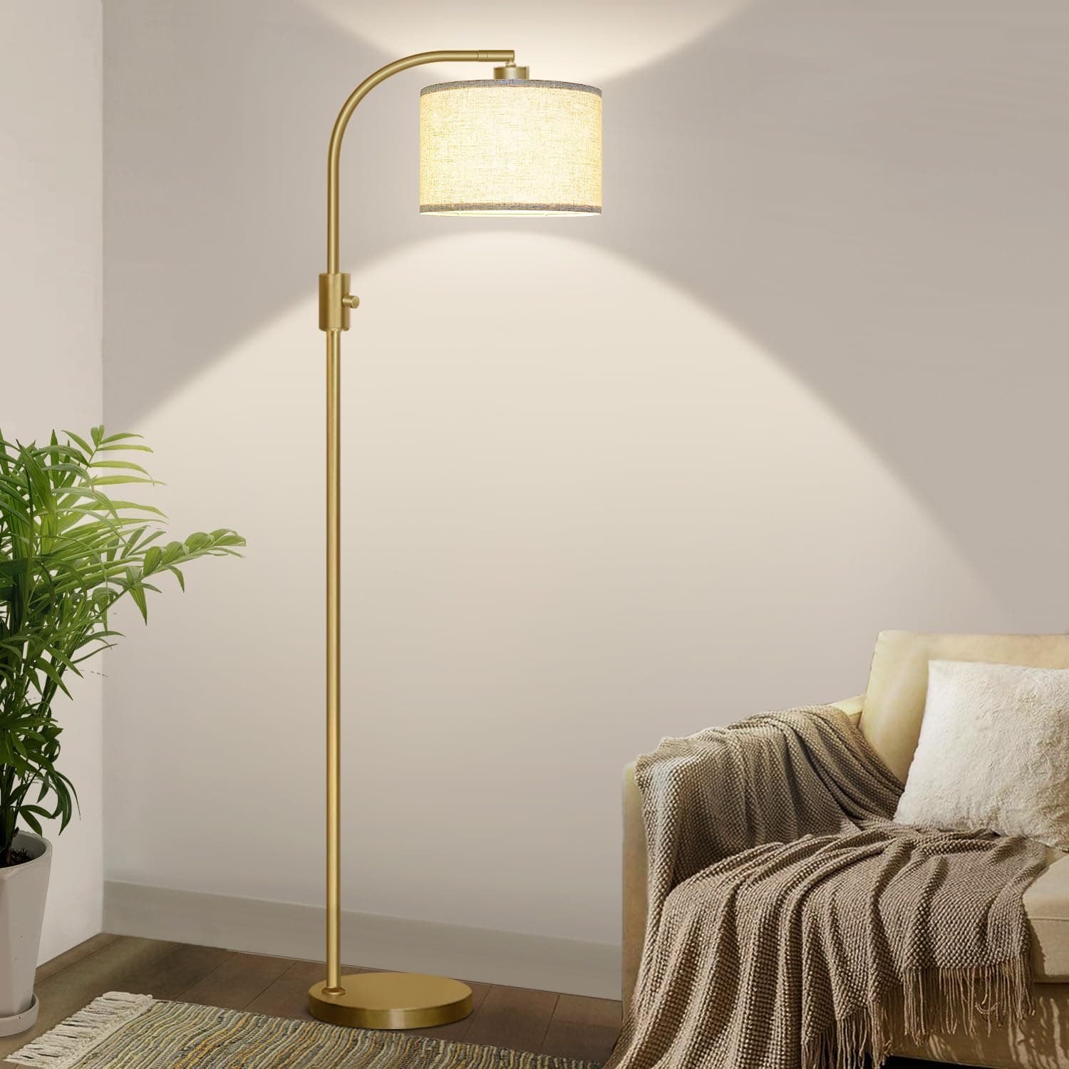 Dimmable Arc Floor Lamp with Linen Shade, LED Bulb, Gold