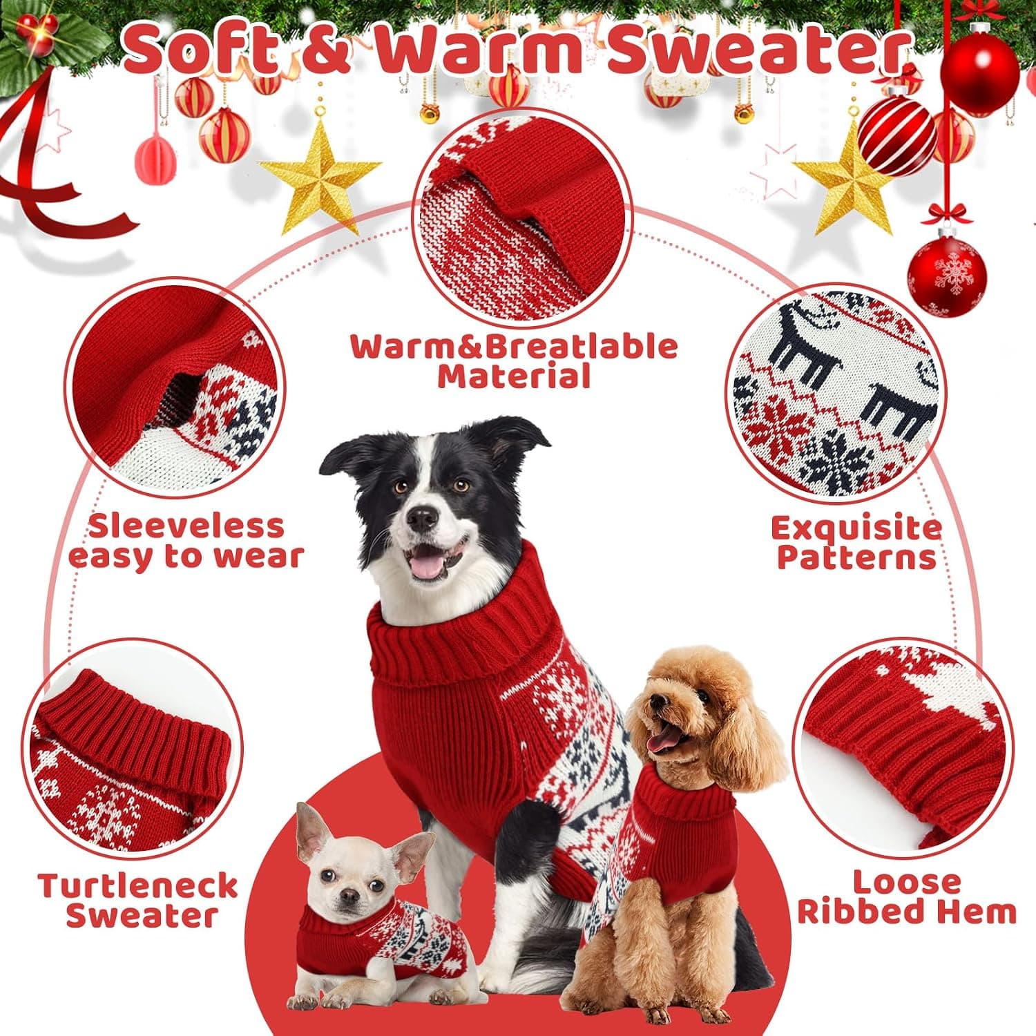 Christmas Dog Sweater, Turtleneck Knit, Deer Pattern, Size XXL