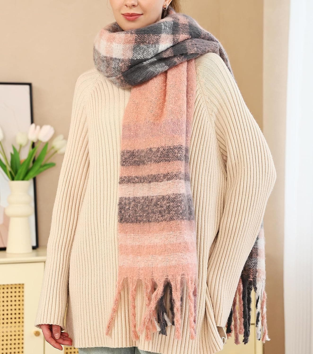 Vintage Plaid Cashmere-Feel Winter Scarf, Brown & Tan