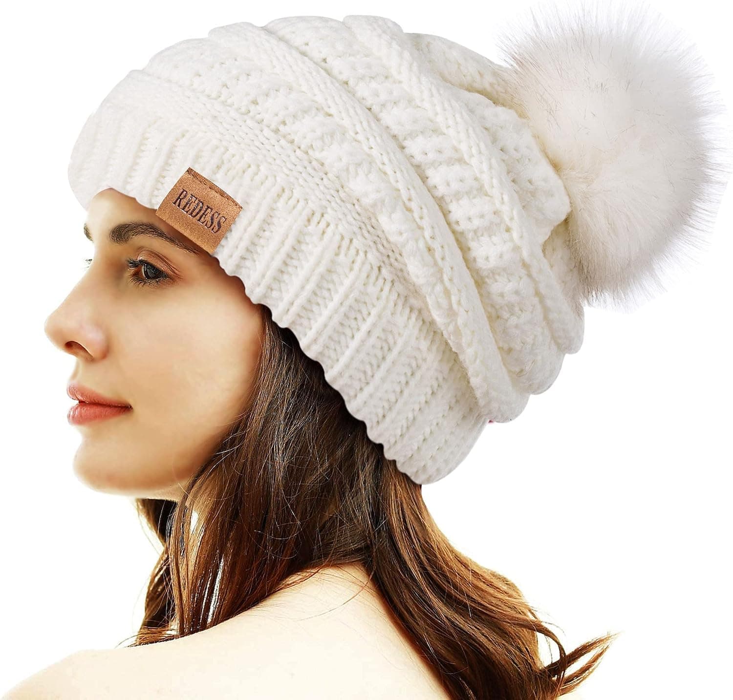 Women's Pom Pom Winter Beanie, Fleece Lined