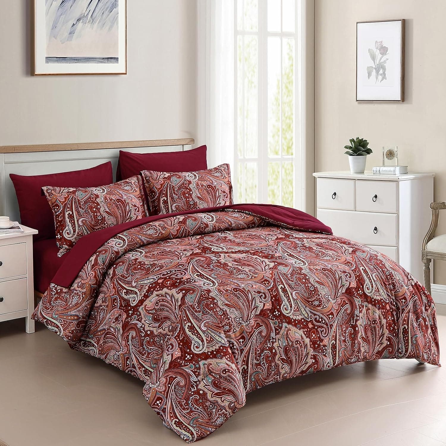Red Paisley Comforter Set King Size 7 Piece Bed in a Bag