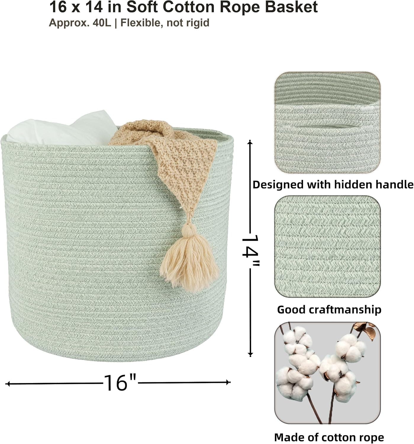 Cotton Rope Storage Basket for Kids, 16"x14", Light Green