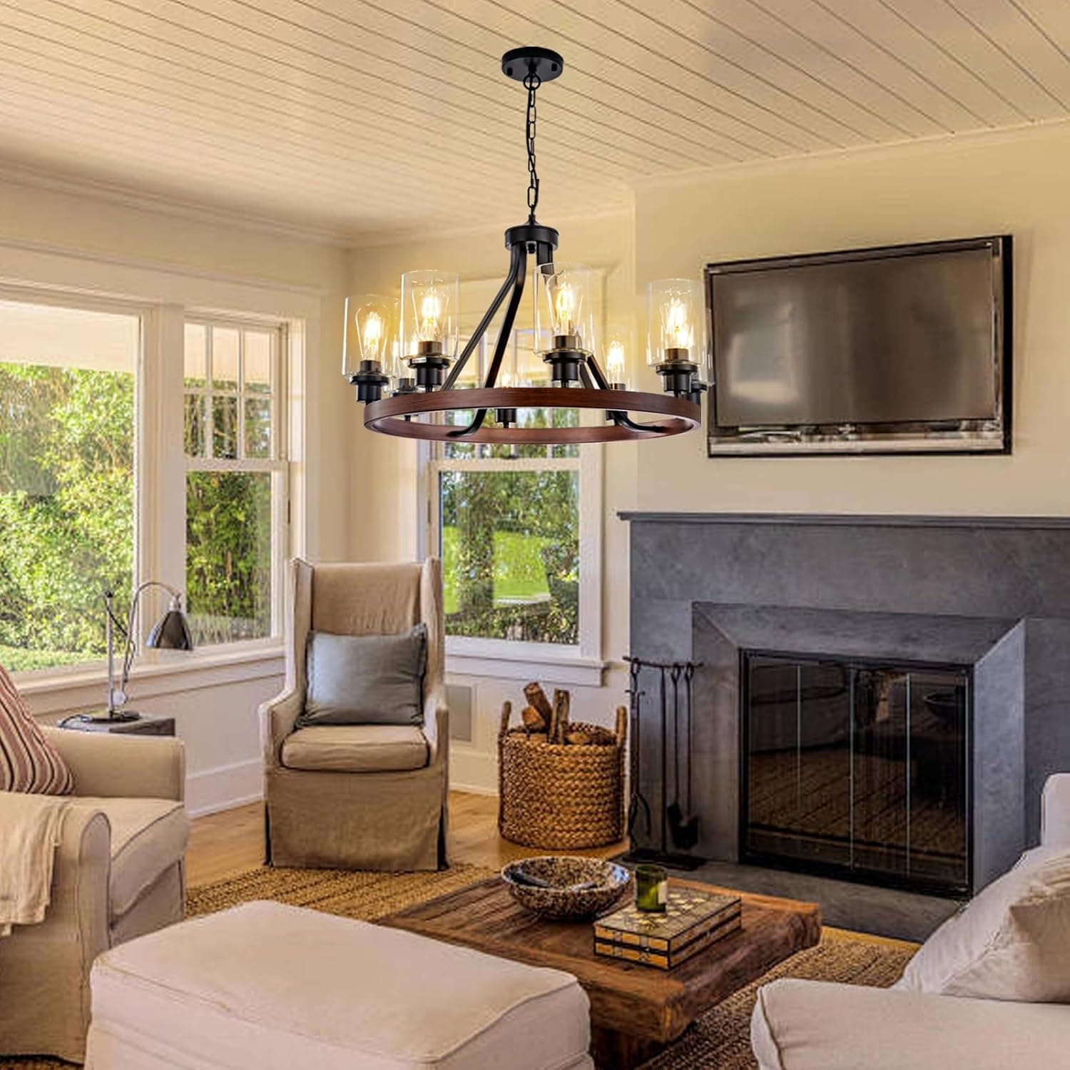 8-Light Farmhouse Chandelier, Faux Wood