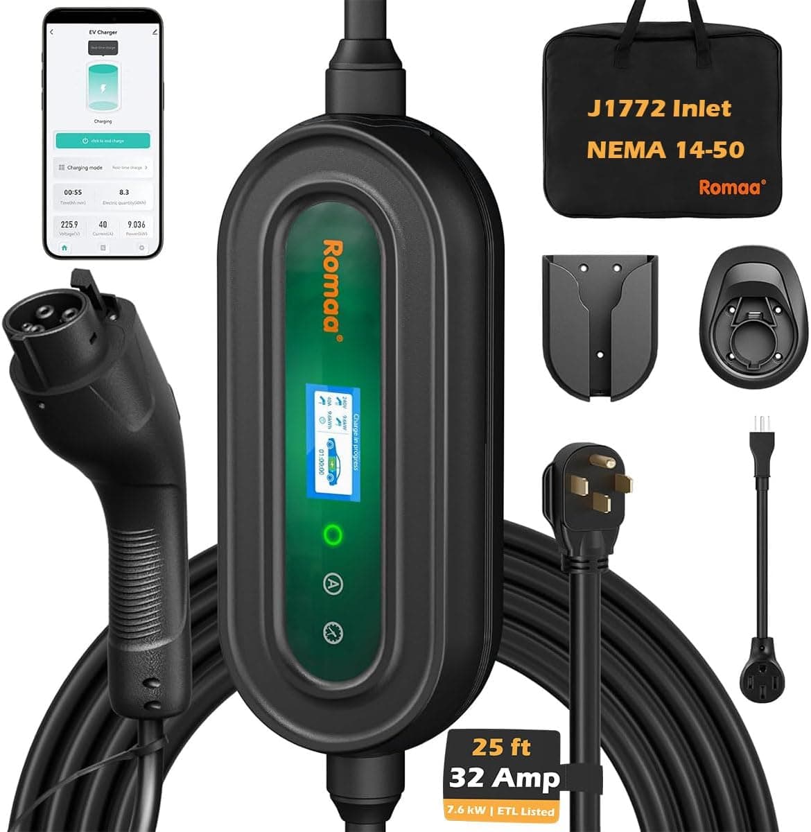 Level 2 EV Charger, 32 Amp, NEMA 14-50, 25 ft, WiFi