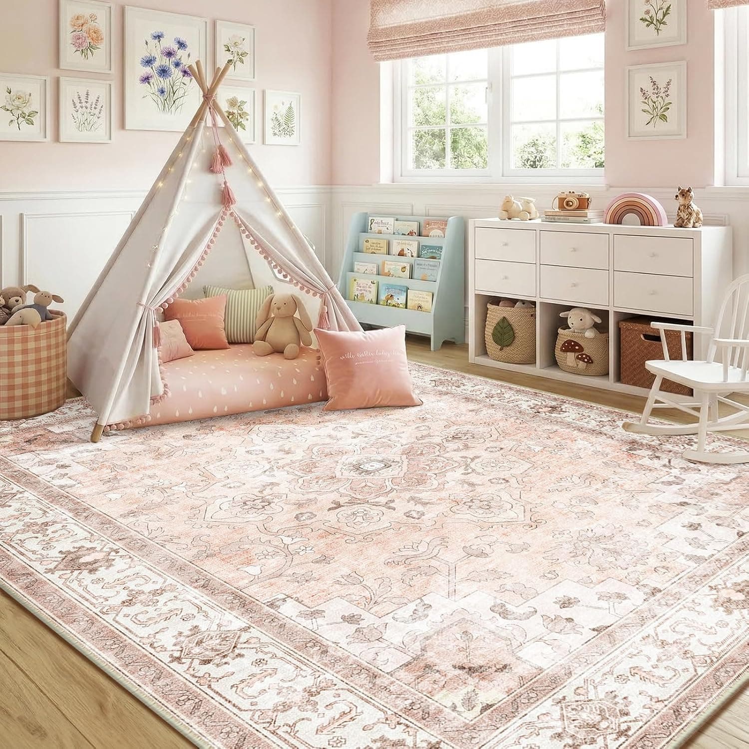 Washable Nursery Area Rug, 8x10, Pink
