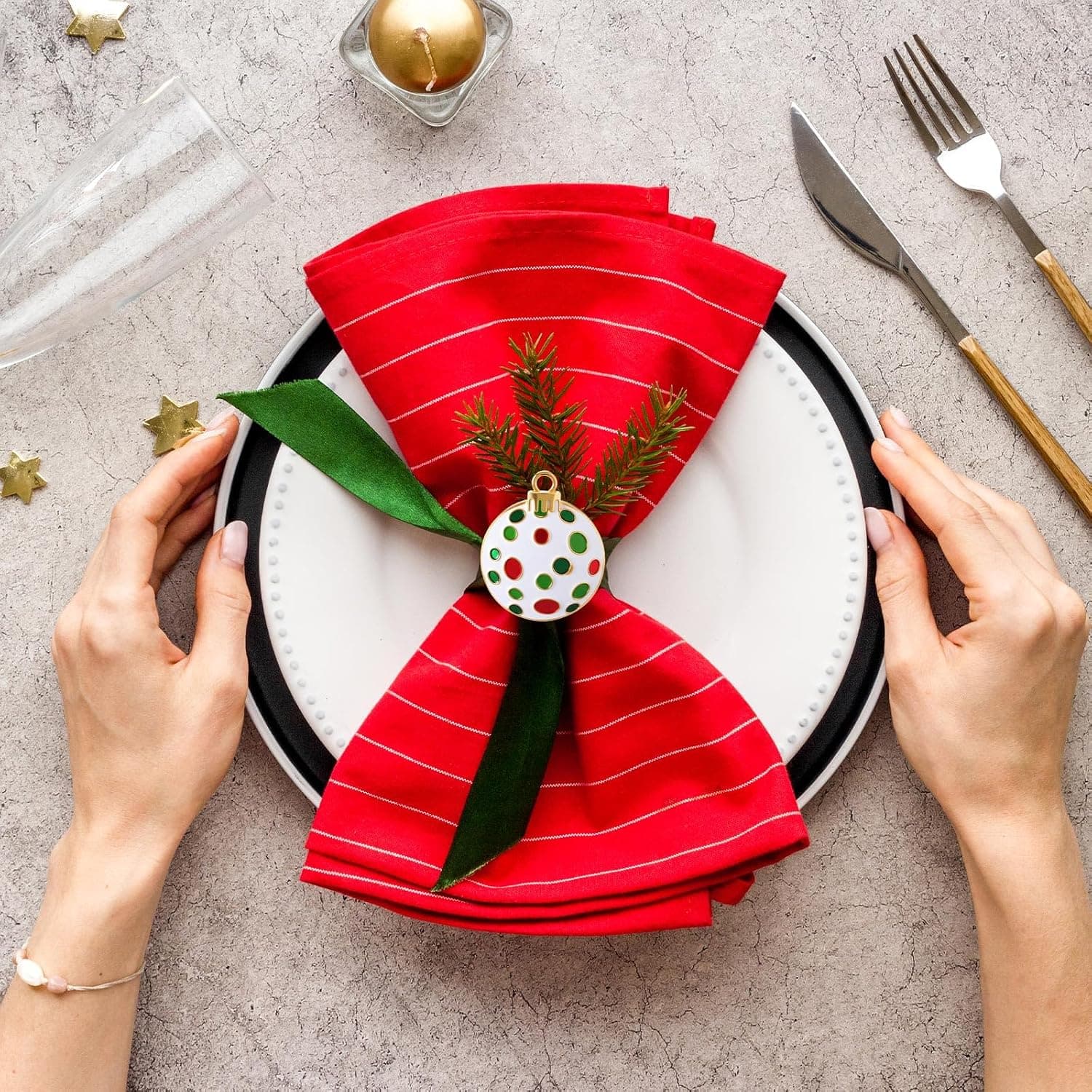 Christmas Ball Ornament Napkin Rings, Black & White, Set of 12