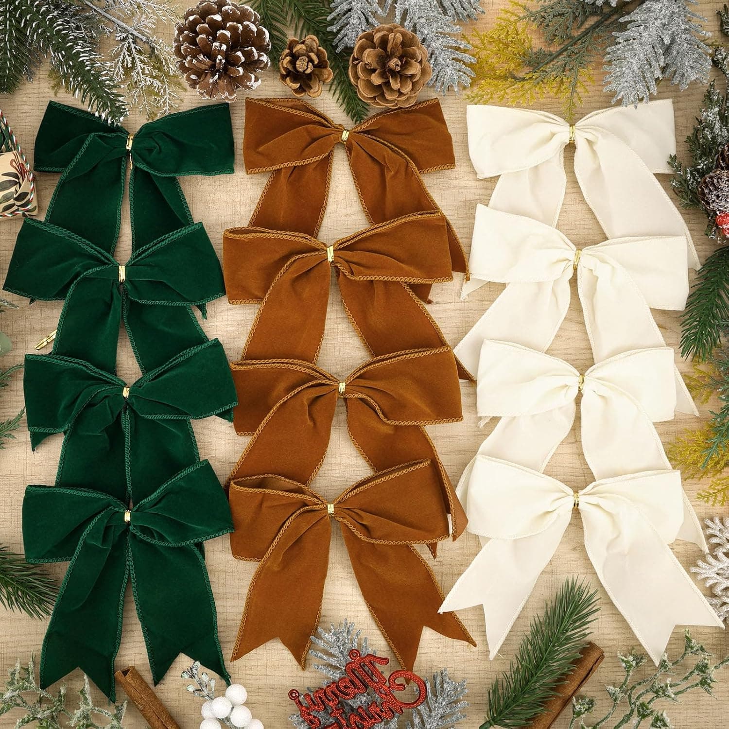Christmas Velvet Tree Bows, 6 Inch, Green/Khaki/White, 12 Pcs