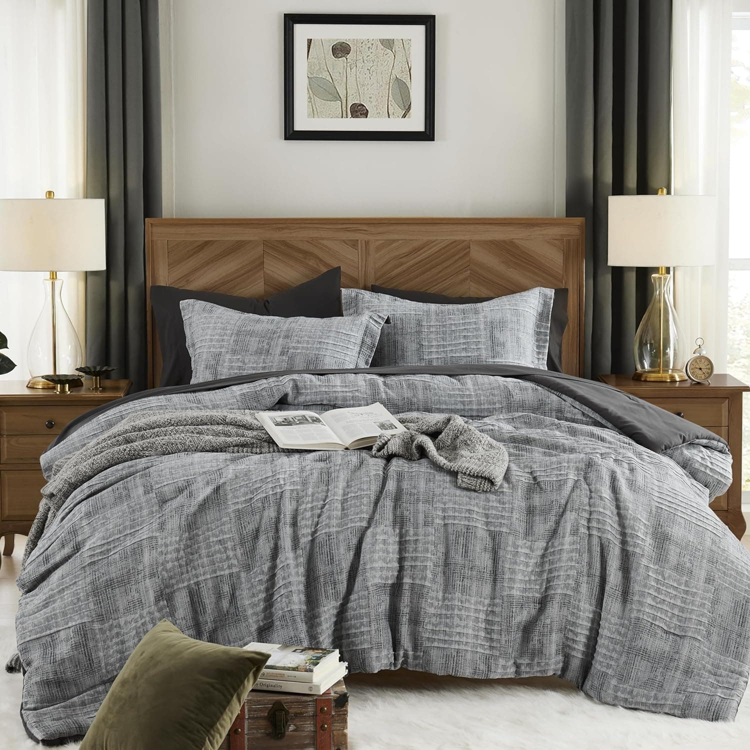 Full Comforter Set, Crinkle Textured, Charcoal Grey, 7 Pieces
