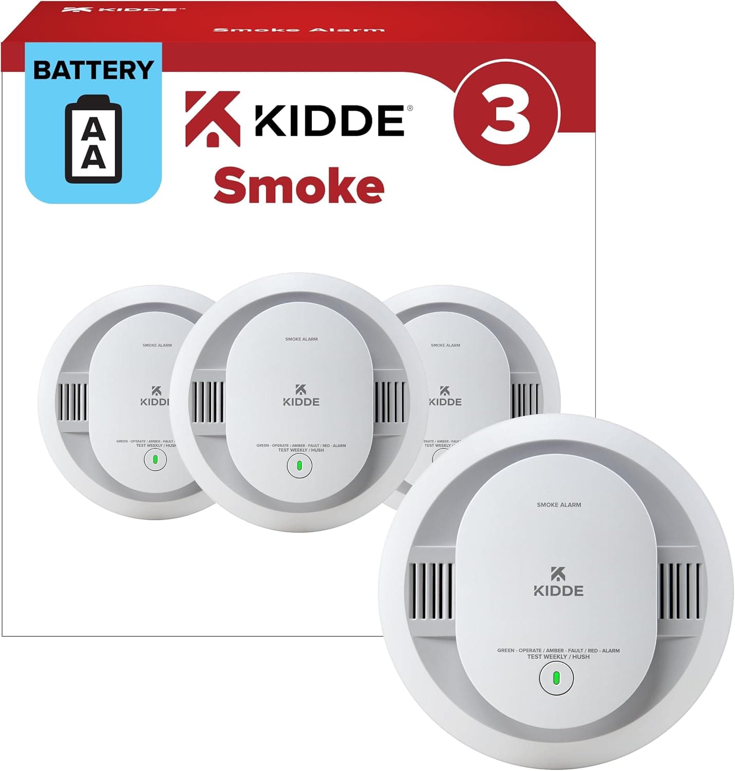Kidde Smoke Detector, AA Battery-Powered, 20SDR, 3 Pack