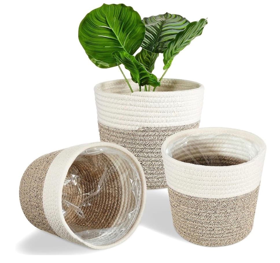 Cotton Rope Plant Baskets with Liners, 7.5 x 6.5", 3 Pack