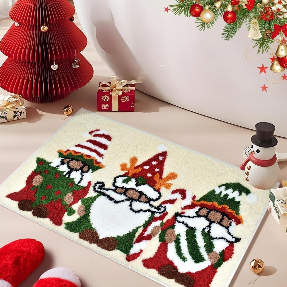 Christmas Gnome Bath Rug, Non-Slip, Washable