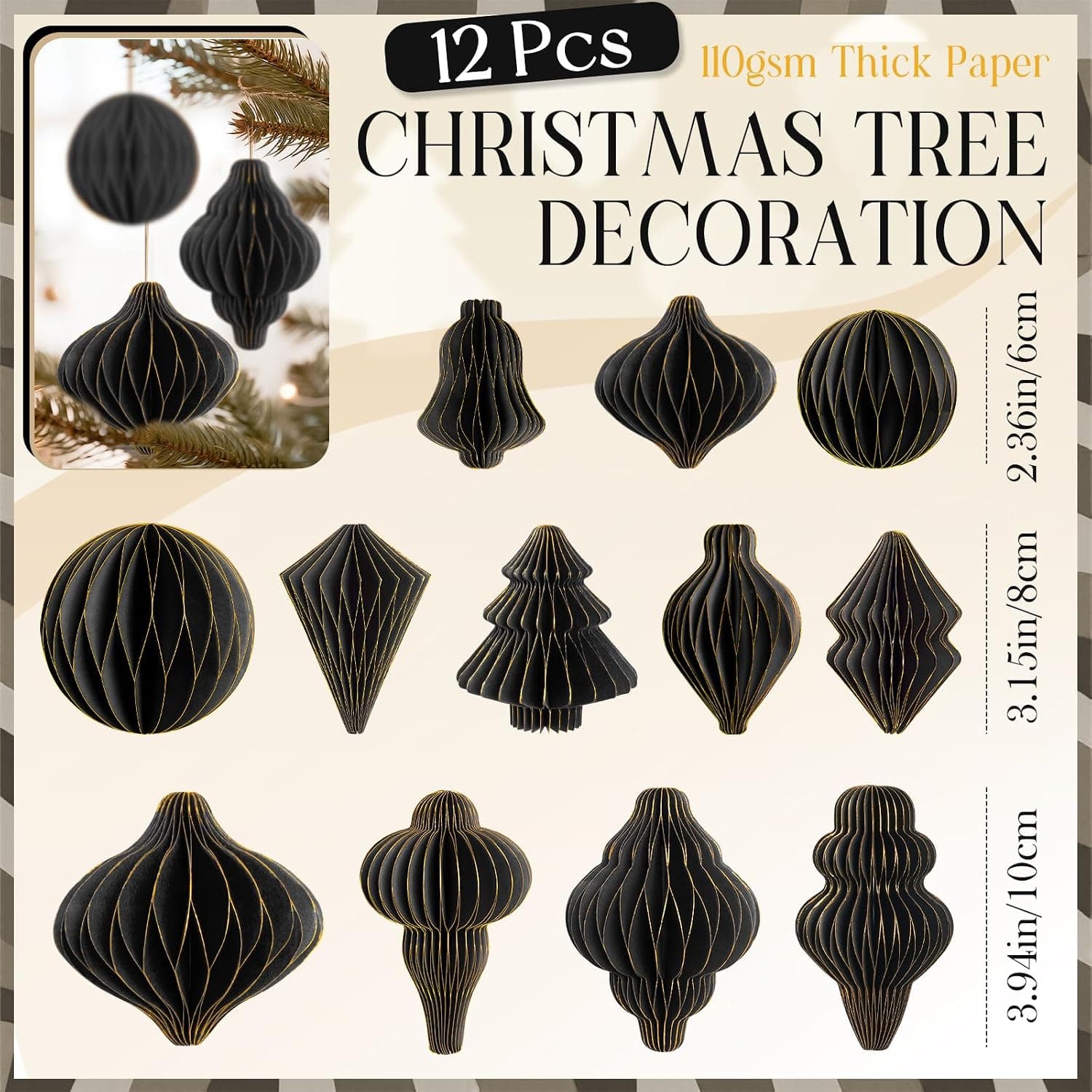 Glitter Edge Paper Honeycomb Christmas Tree Ornaments for Winter Wonderland