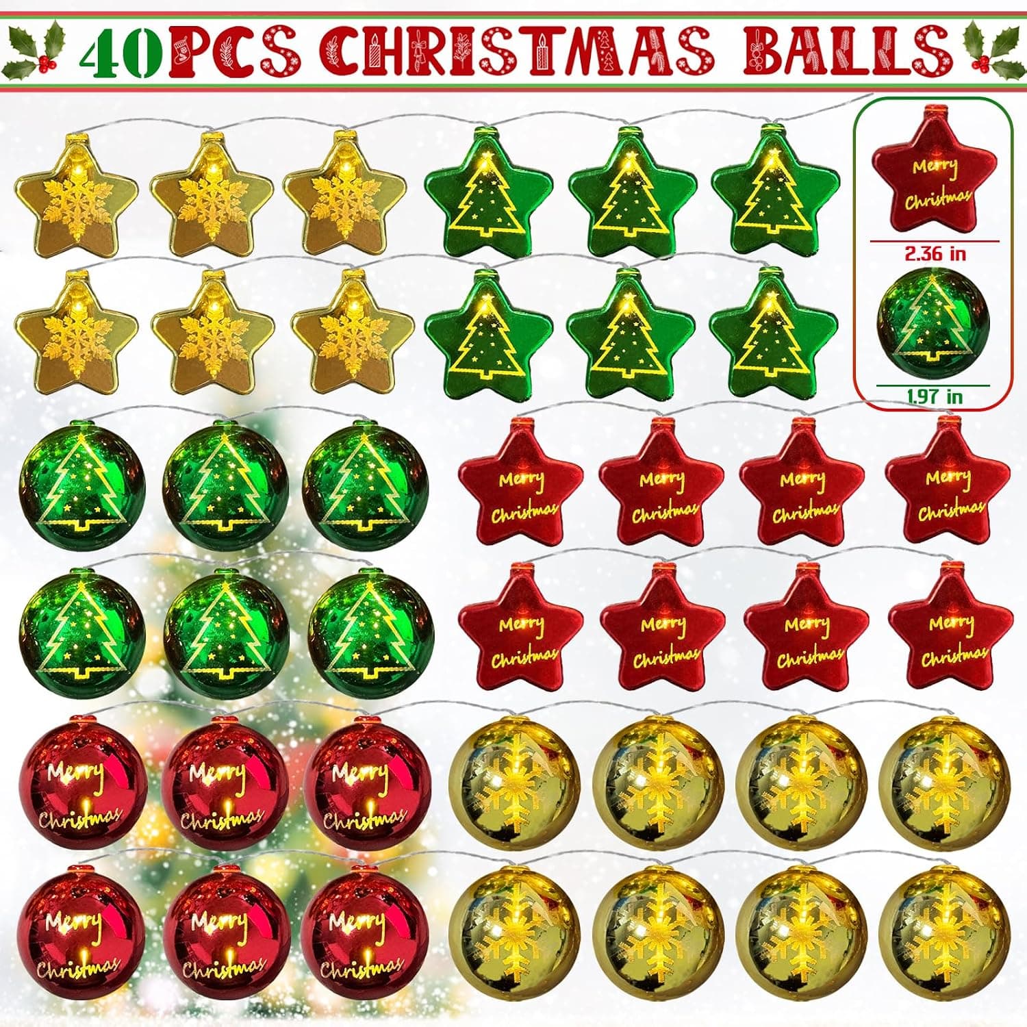 Christmas Ball String Lights, 20FT, 40 LED, Battery, 2 Pack