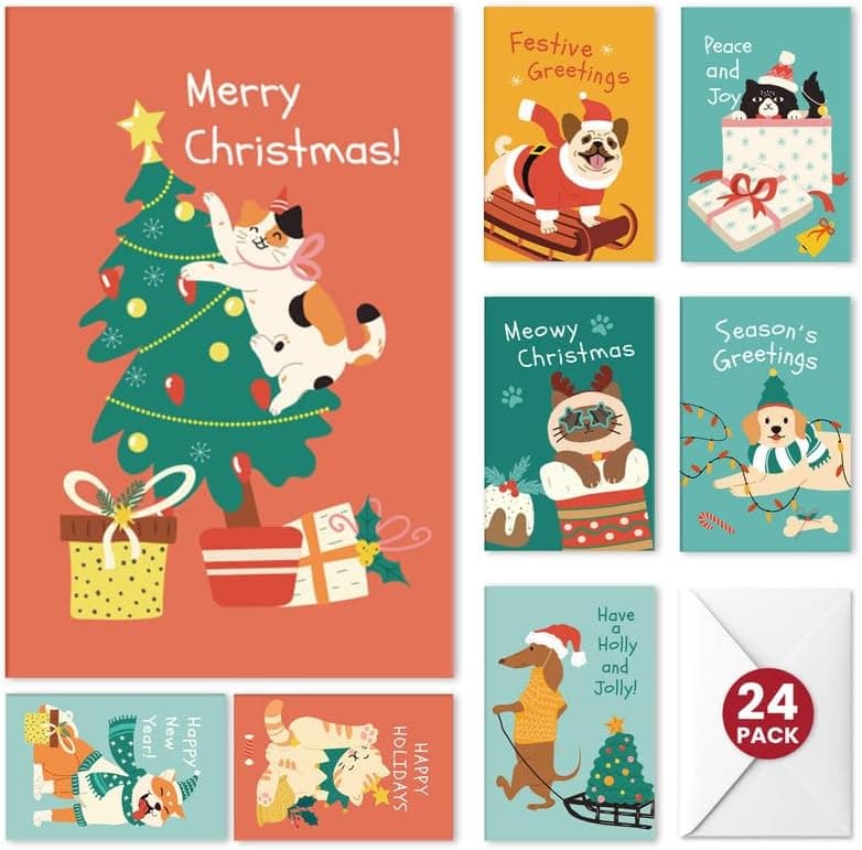 Funny Dog & Cat Christmas Cards with Envelopes, Set of 24