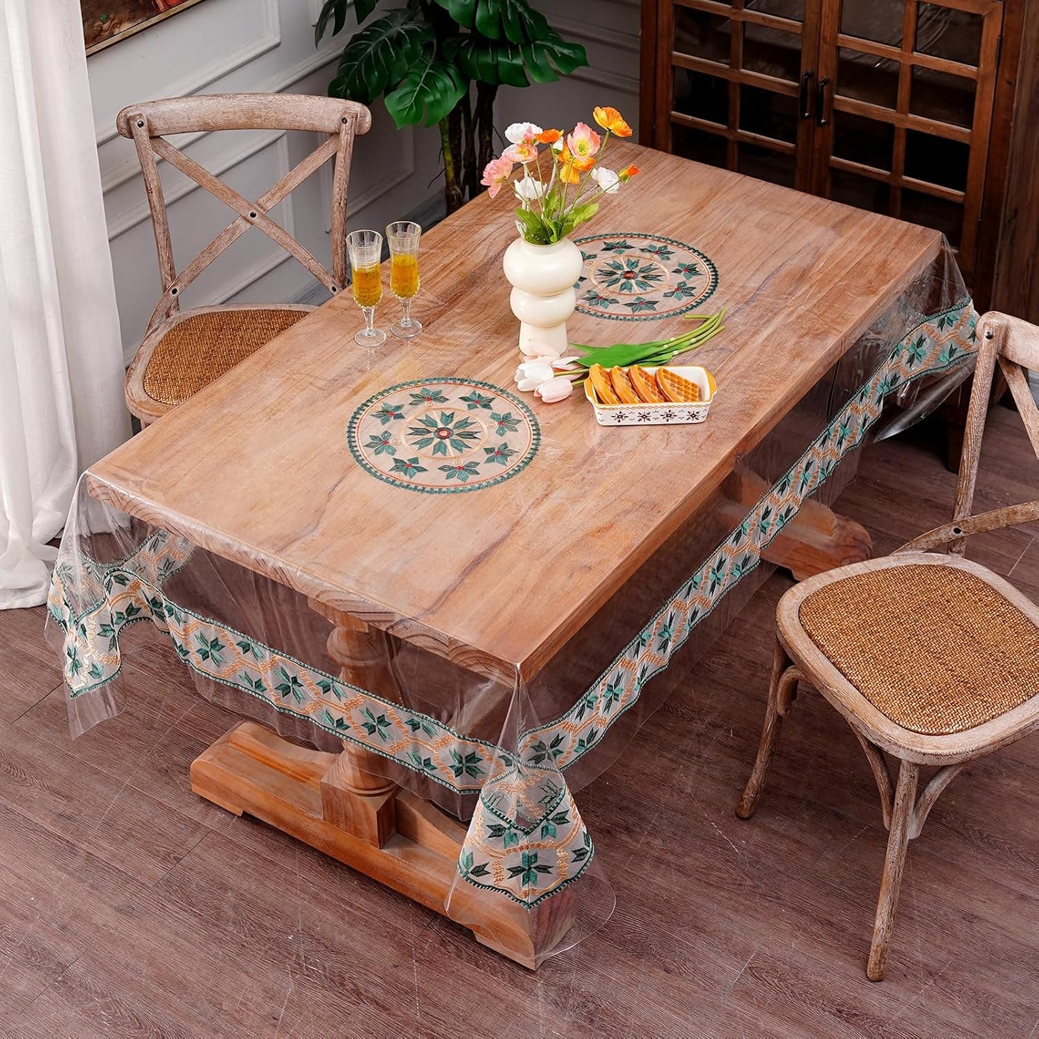 Clear PVC Tablecloth with Lace Embroidery, Rectangle