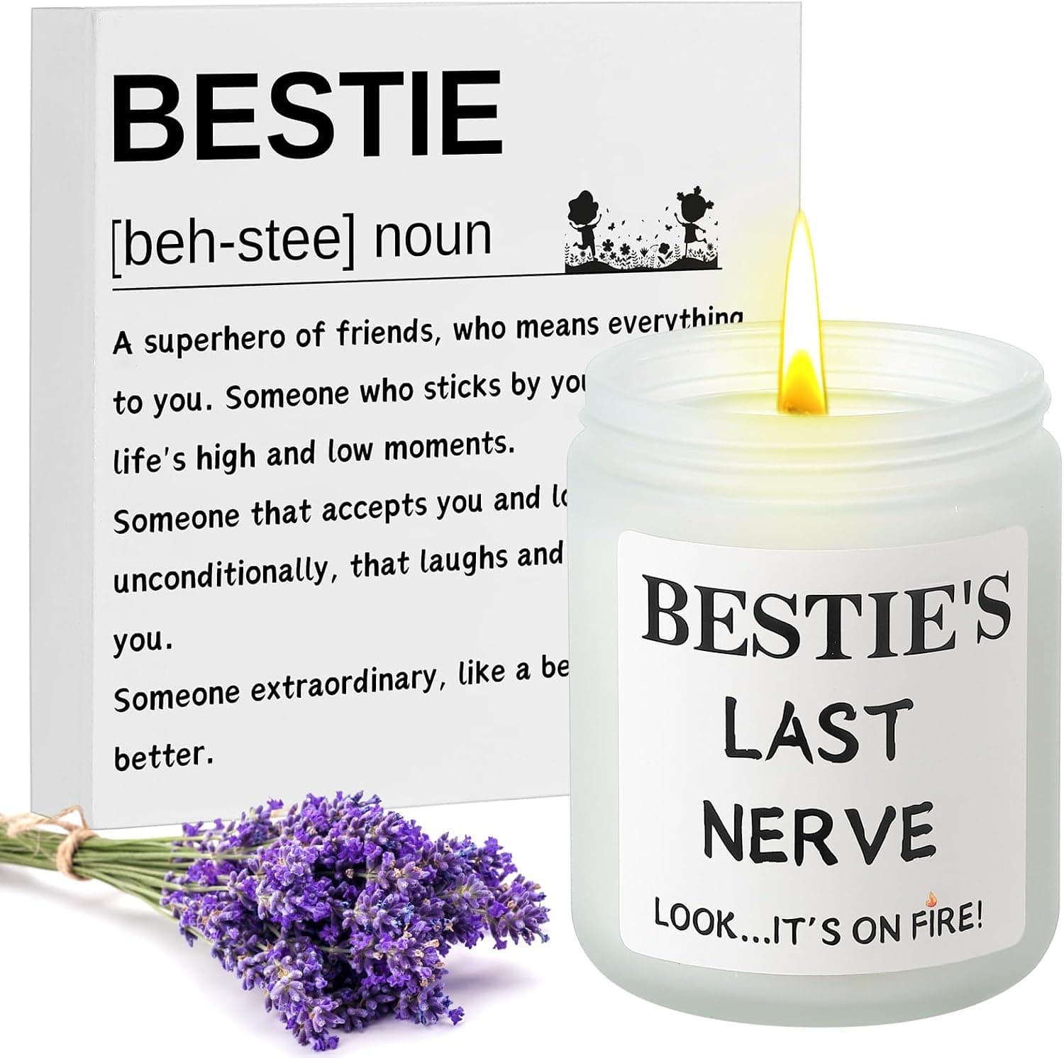 Funny Bestie Gift Set with Wood Sign & Candles, 2 Pcs