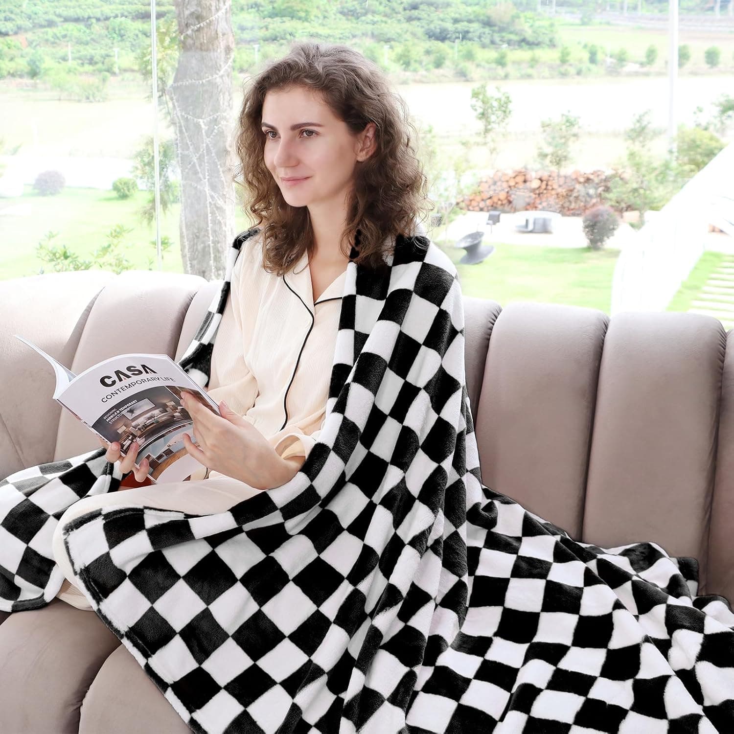 Checkered Fleece Throw Blanket, Brown & White