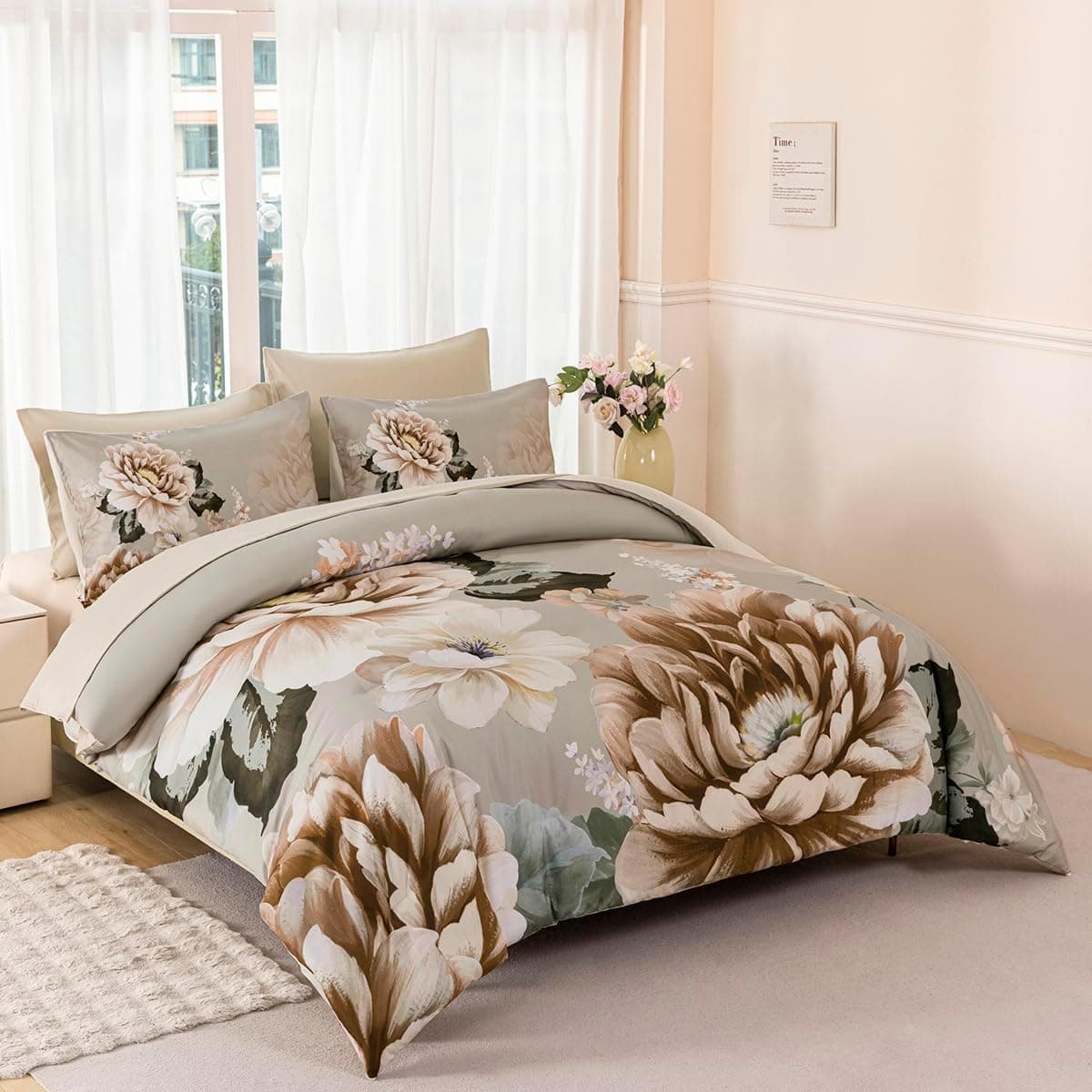Full Comforter Set with Sheets, Brown Floral, 7 Pieces