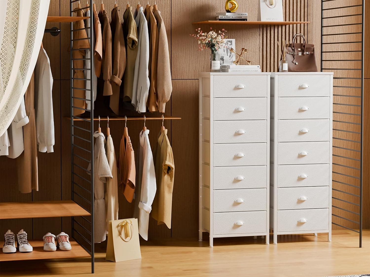 Tall Dresser with Fabric Drawers, White