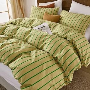 Queen Cotton Comforter Set, Khaki & Green Stripe, 3 Pcs