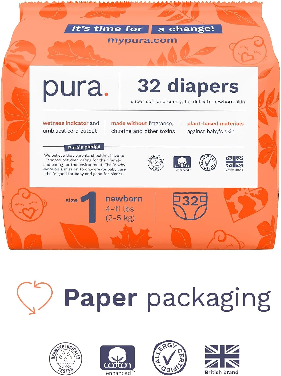 Pura Hypoallergenic Diapers, Size 1 (4-11 lbs)