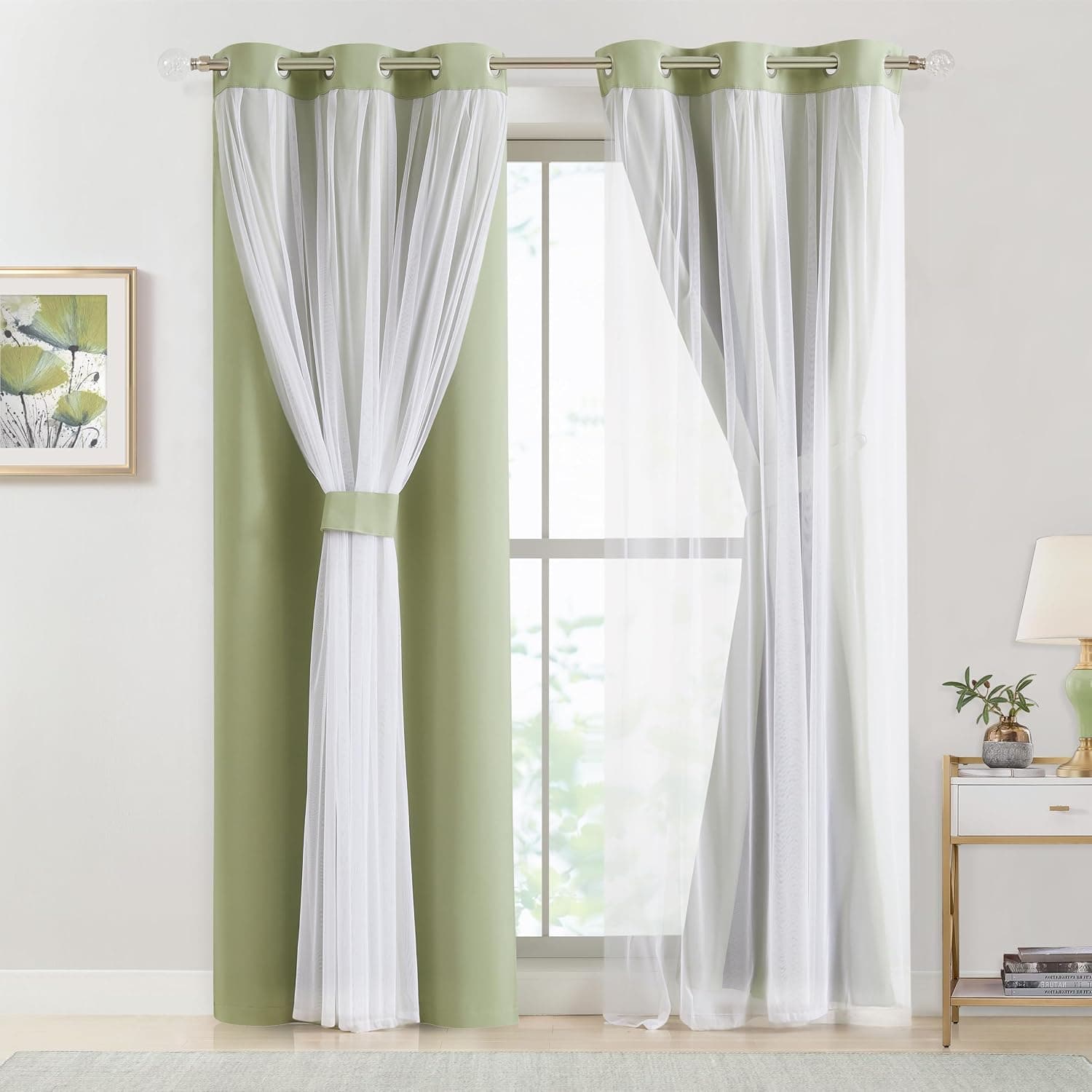 Sage Green Blackout Curtains with Sheer Overlay