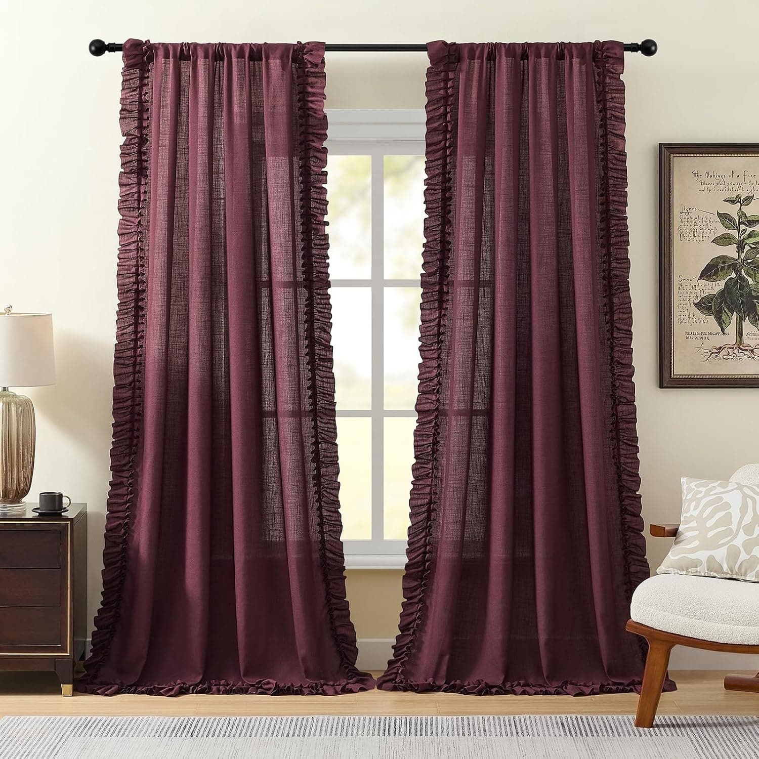 Burgundy Linen Ruffle Curtains, 47 x 84", 2 Panels