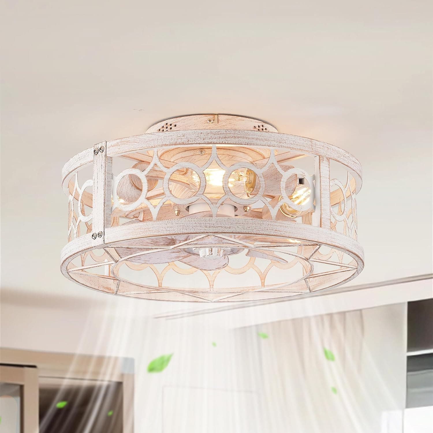 16" Caged Low Profile Ceiling Fan Light with Remote, White & Gold