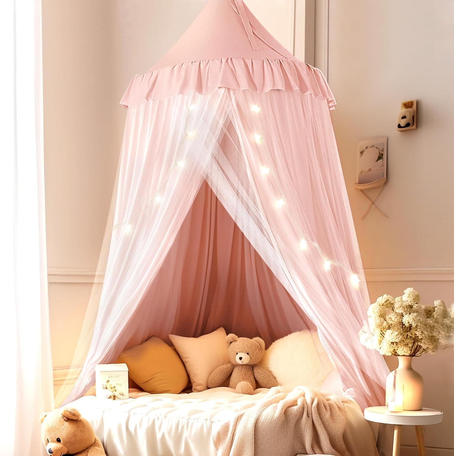 Girls' Bed Canopy with Star Lights, Peach Pink