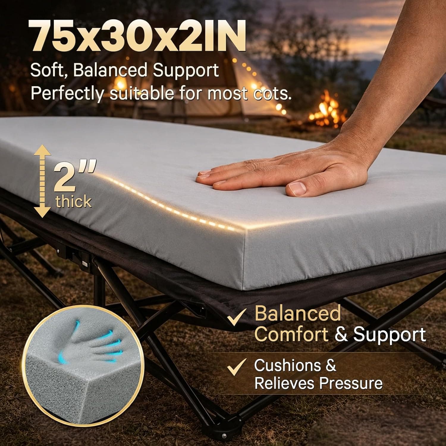 Memory Foam Camping Cot Pad, 2 Inch (Pad Only)