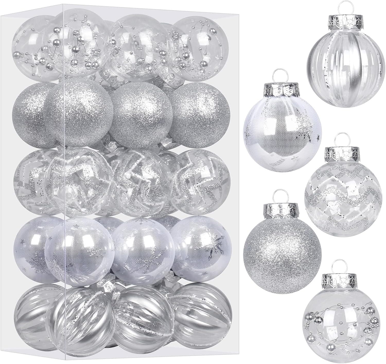 8 Packs 240PCS Silver Clear Christmas Ball Ornaments Set for Xmas Tree Decorations
