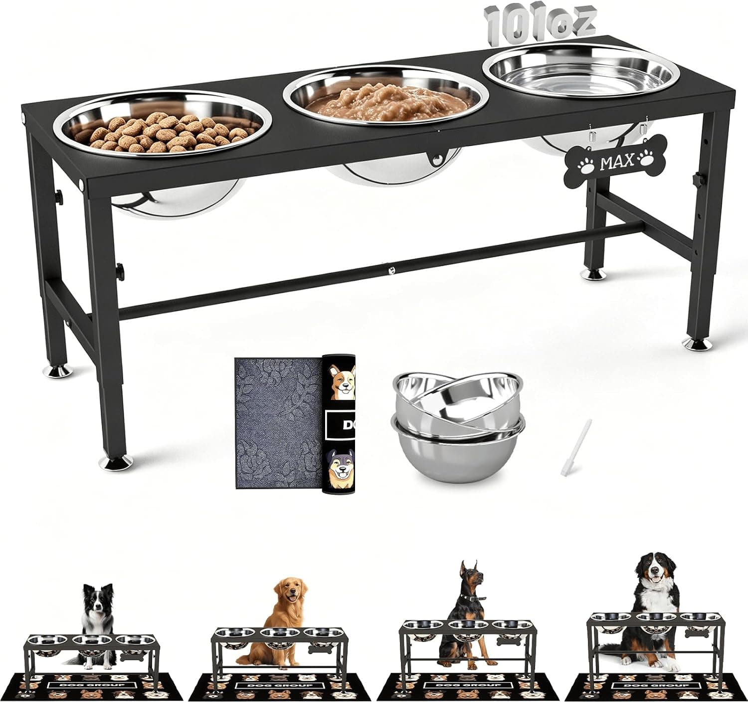 Elevated Dog Bowl Stand with 3 Bowls, Large Dogs