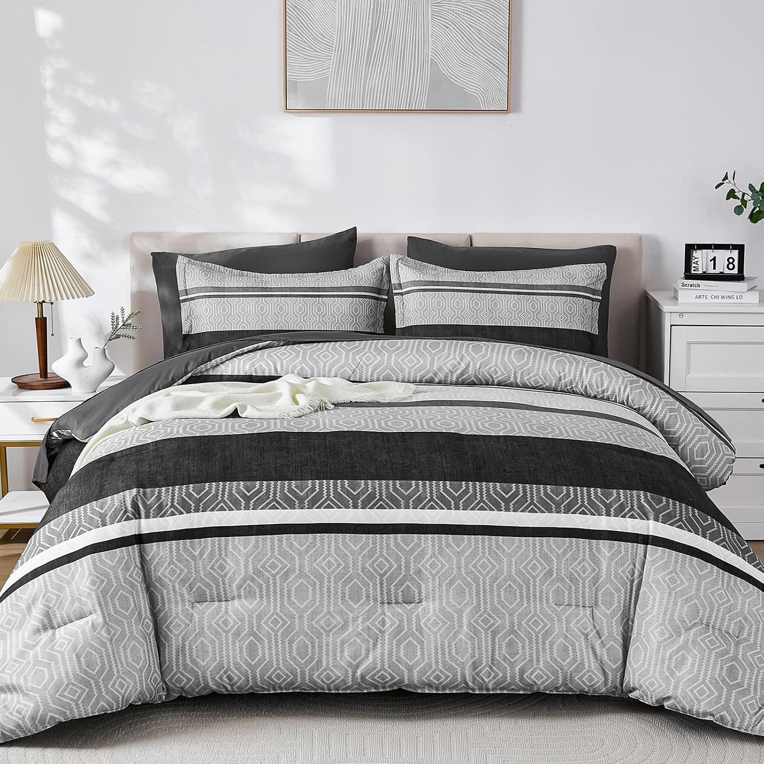 King Comforter Bed in a Bag, Grey Striped, 7 Pieces