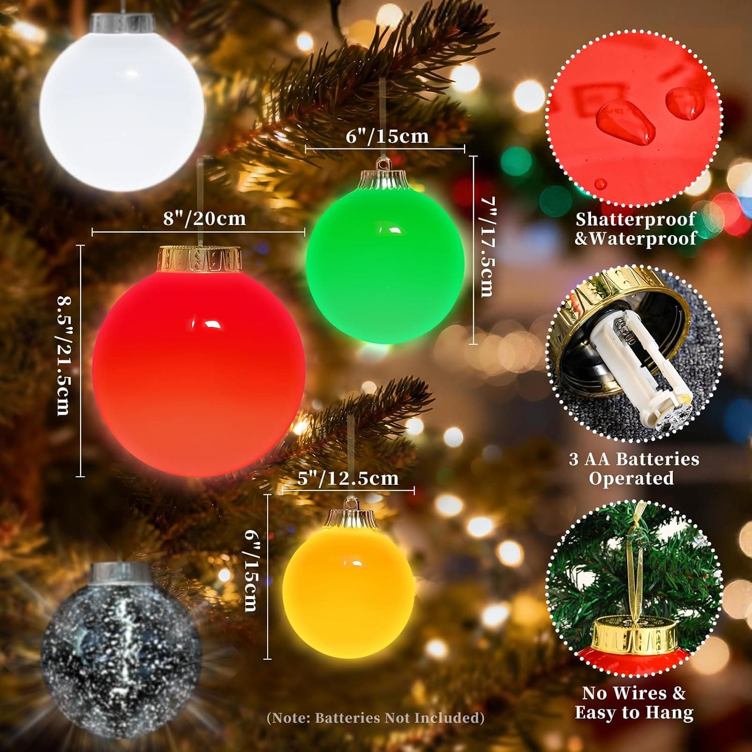 4 Pcs 6" Outdoor LED Ornament, Large Christmas Battery Powered Ball Lights