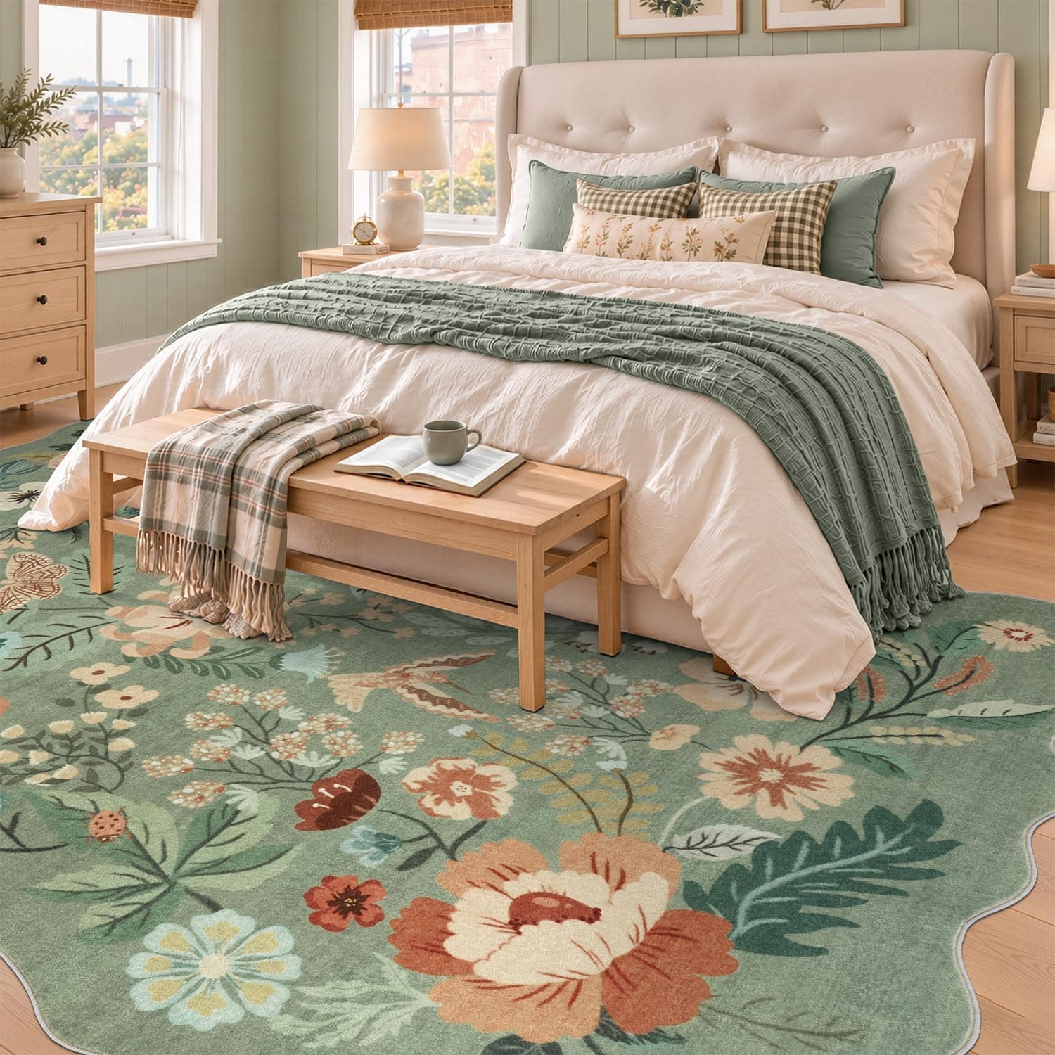 Vintage Floral Washable Area Rug, 5x7, Sage Green