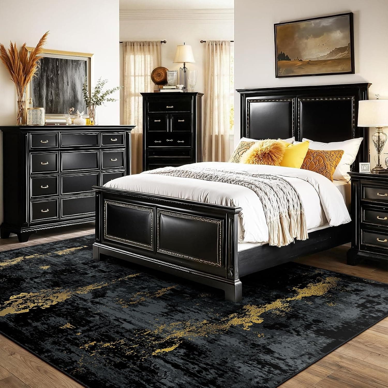 Washable Abstract Area Rug, 5'x7', Black & Gold