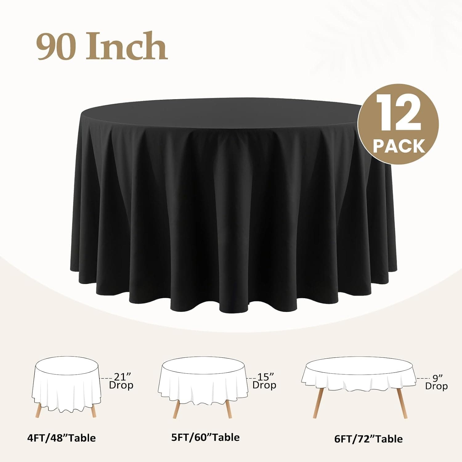 Black Round Tablecloths, 90 Inch, 12 Pack