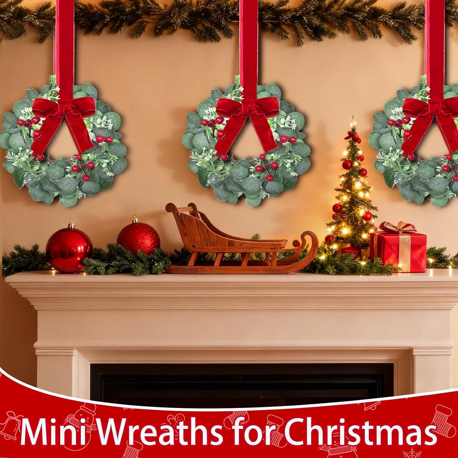 Mini Christmas Kitchen Cabinet Wreaths, 12 Inch, 4 Pack