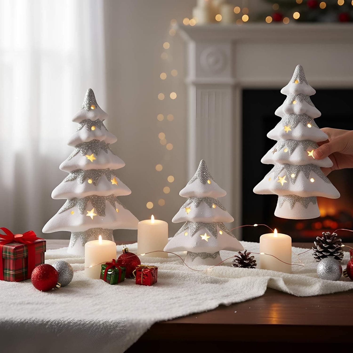 Velvet Ceramic Christmas Trees with Lights, 3 Pcs