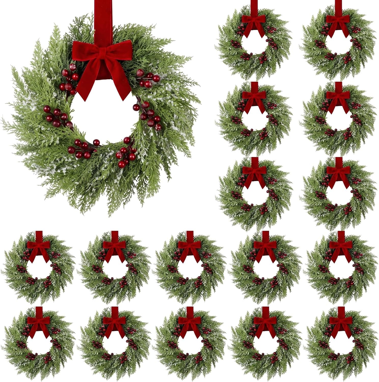 Mini Christmas Wreaths with Bow, 15", 18 Pcs