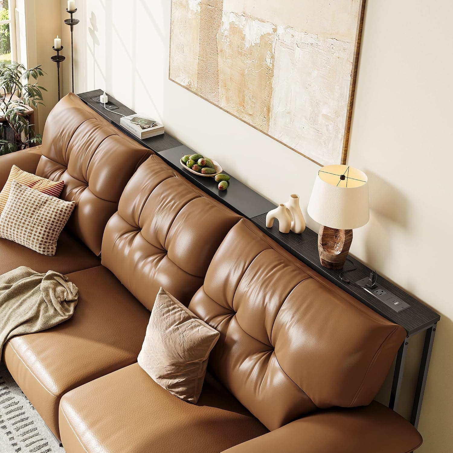 Narrow Sofa Table with Power Outlets, Adjustable 86.6-110.2"