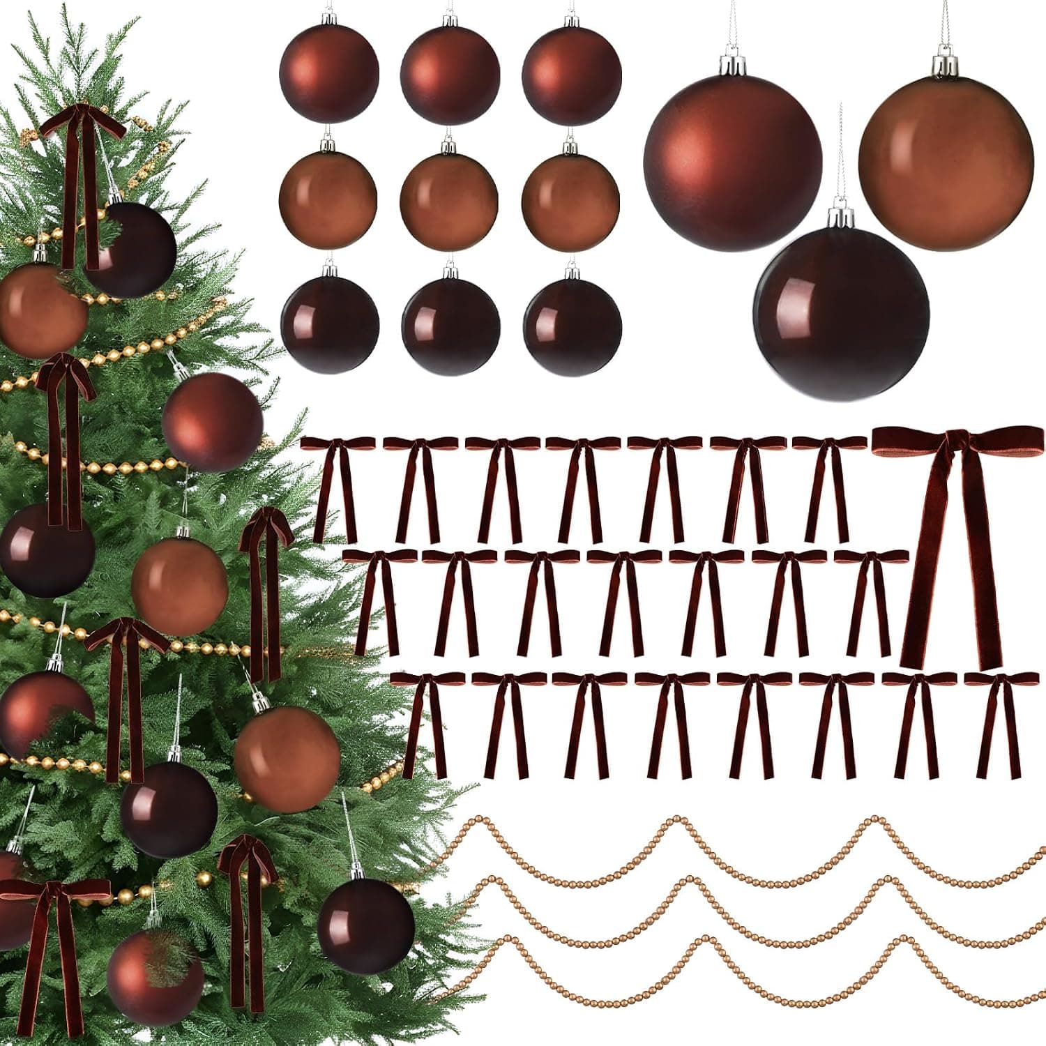 Brown Christmas Decoration Set with Velvet Bows, 37 Pcs