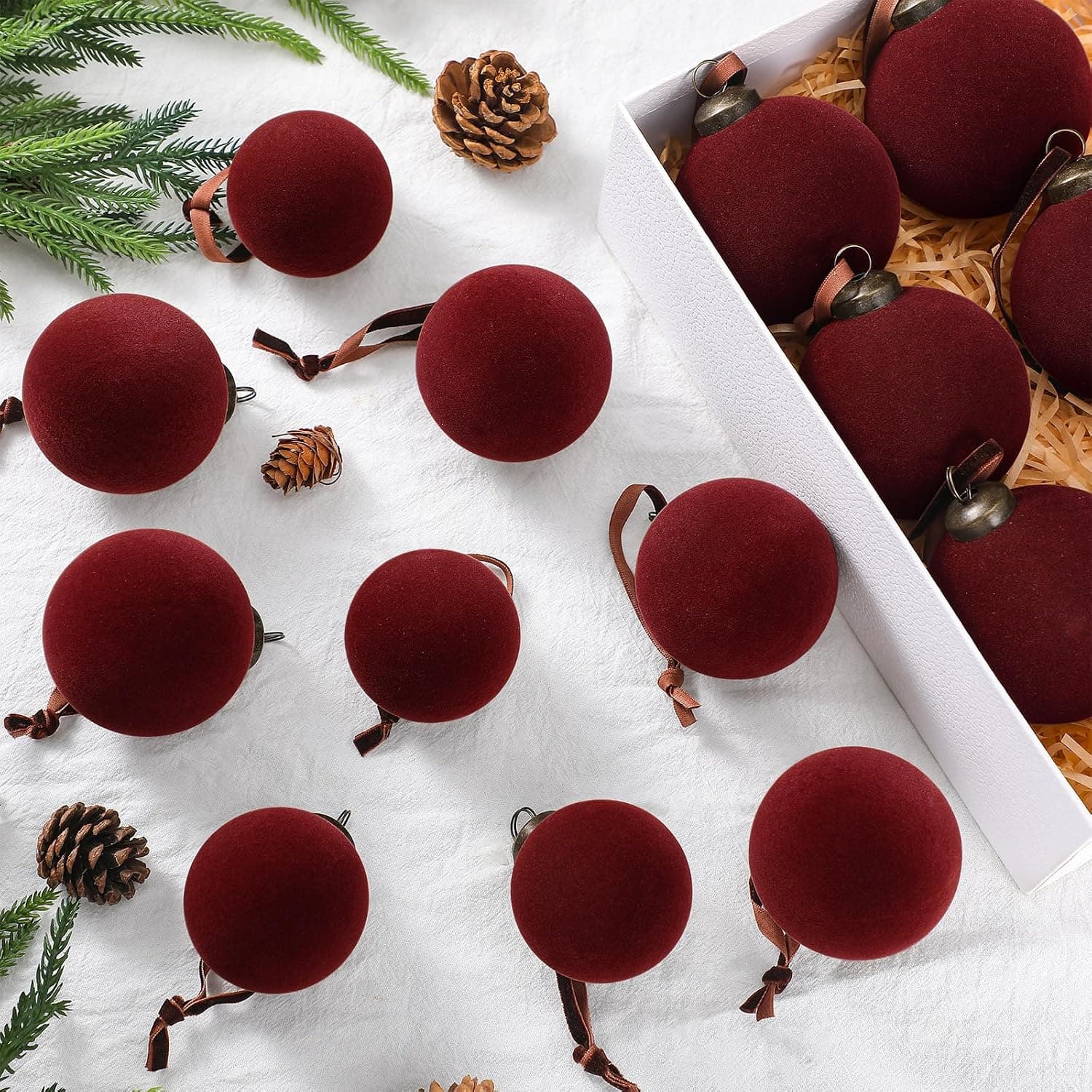 Burgundy Velvet Flocked Christmas Ball Ornaments, 18 Pcs
