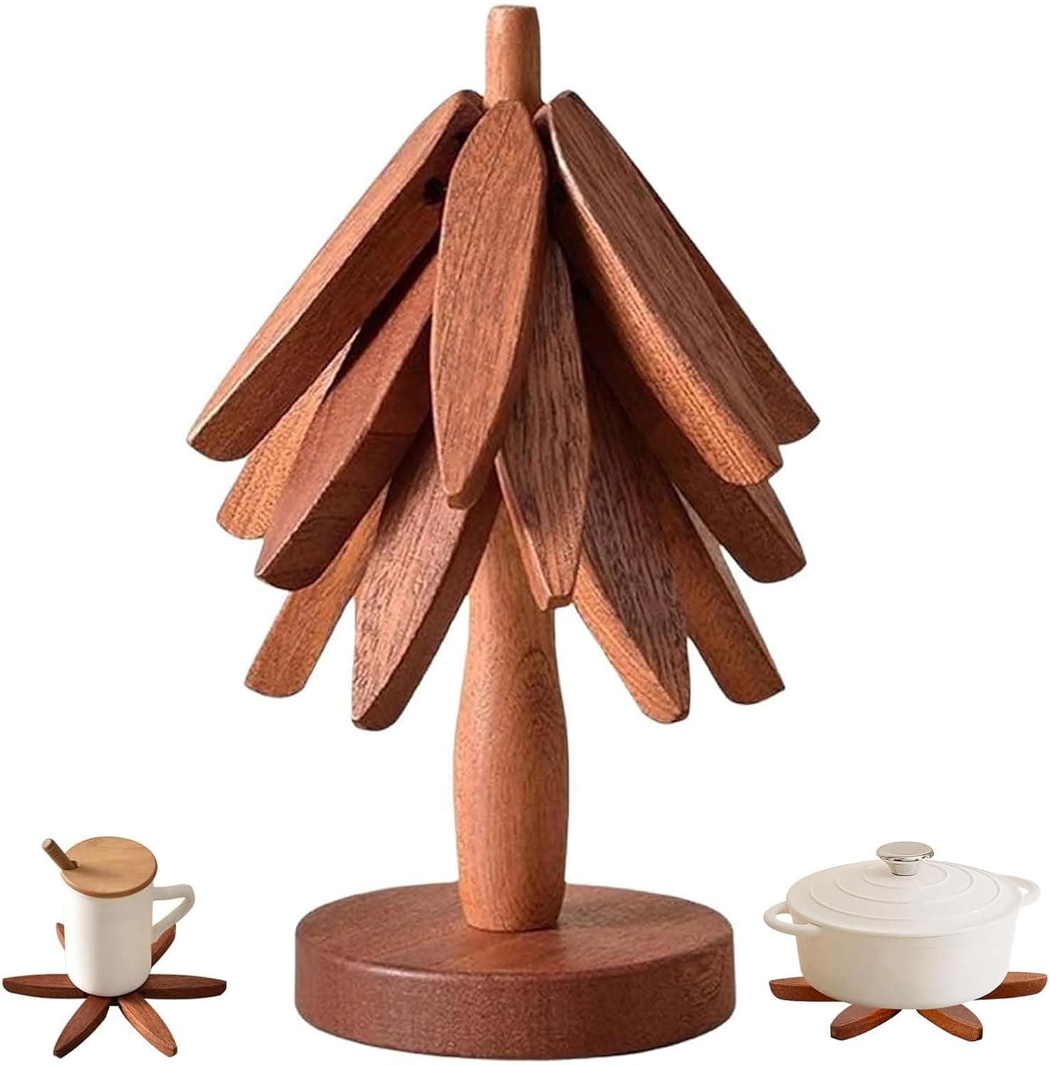 Wooden Tree Trivet Set with Stand, 3 Pcs