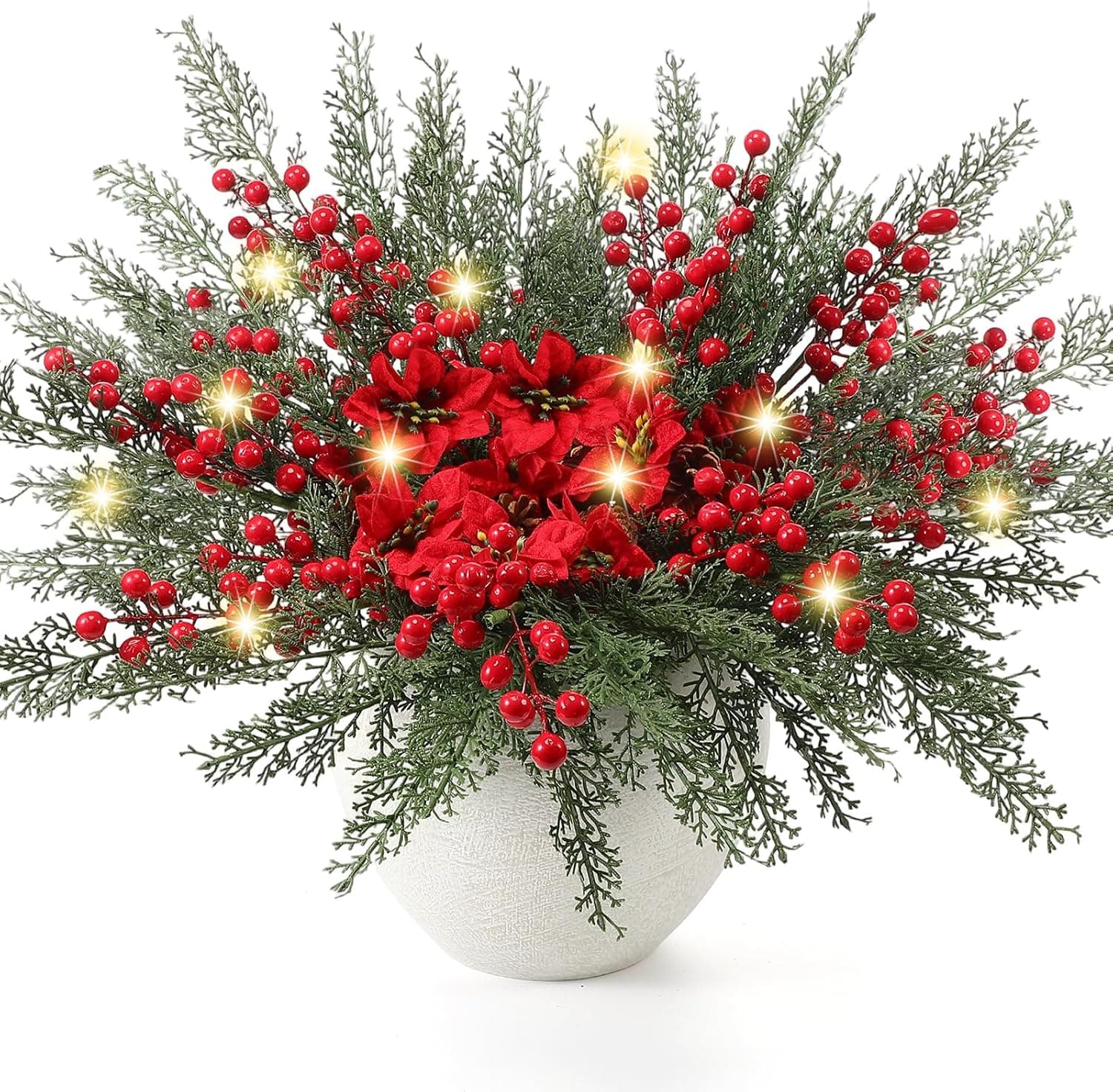 Lighted Christmas Pine Picks with Red Berries, 12 Pack