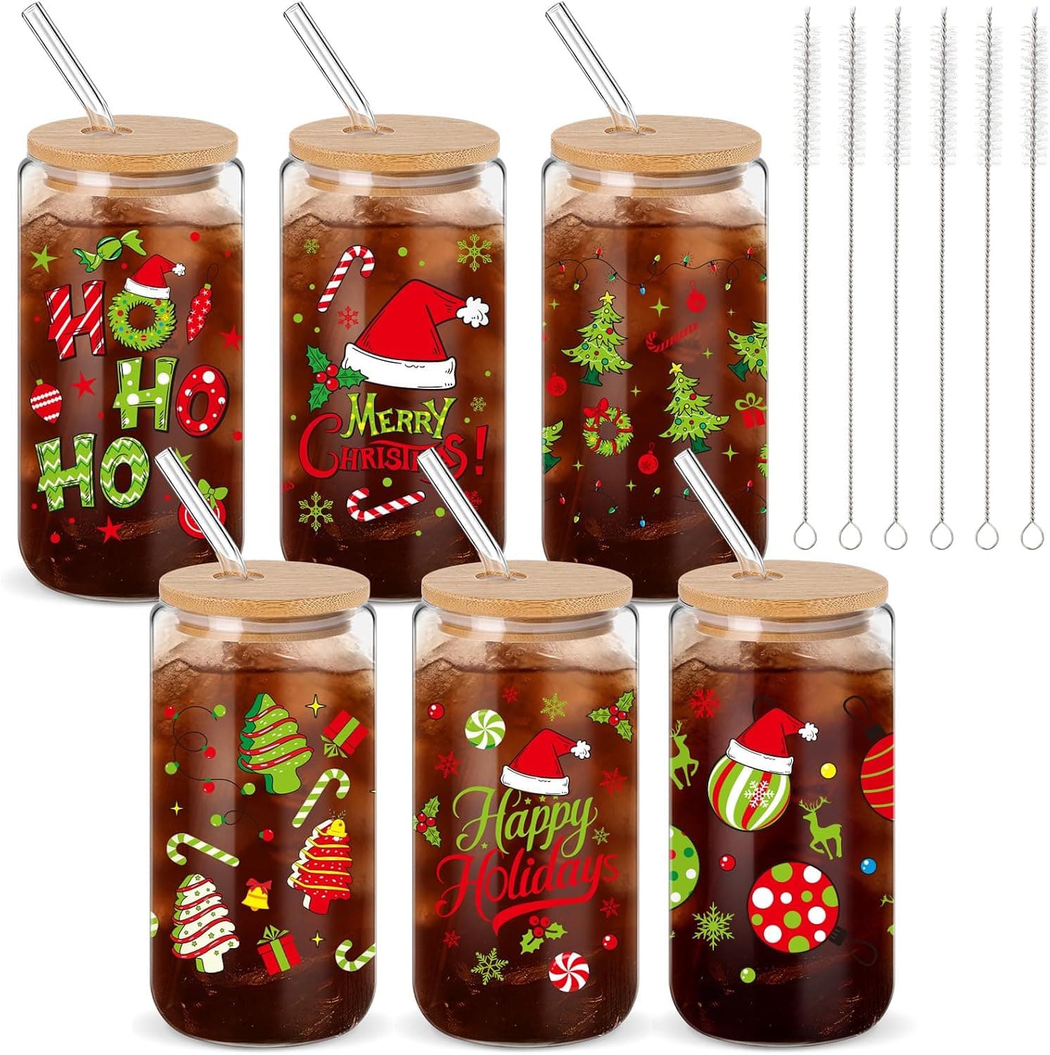 Christmas Glass Cups, 16oz, 6 Set